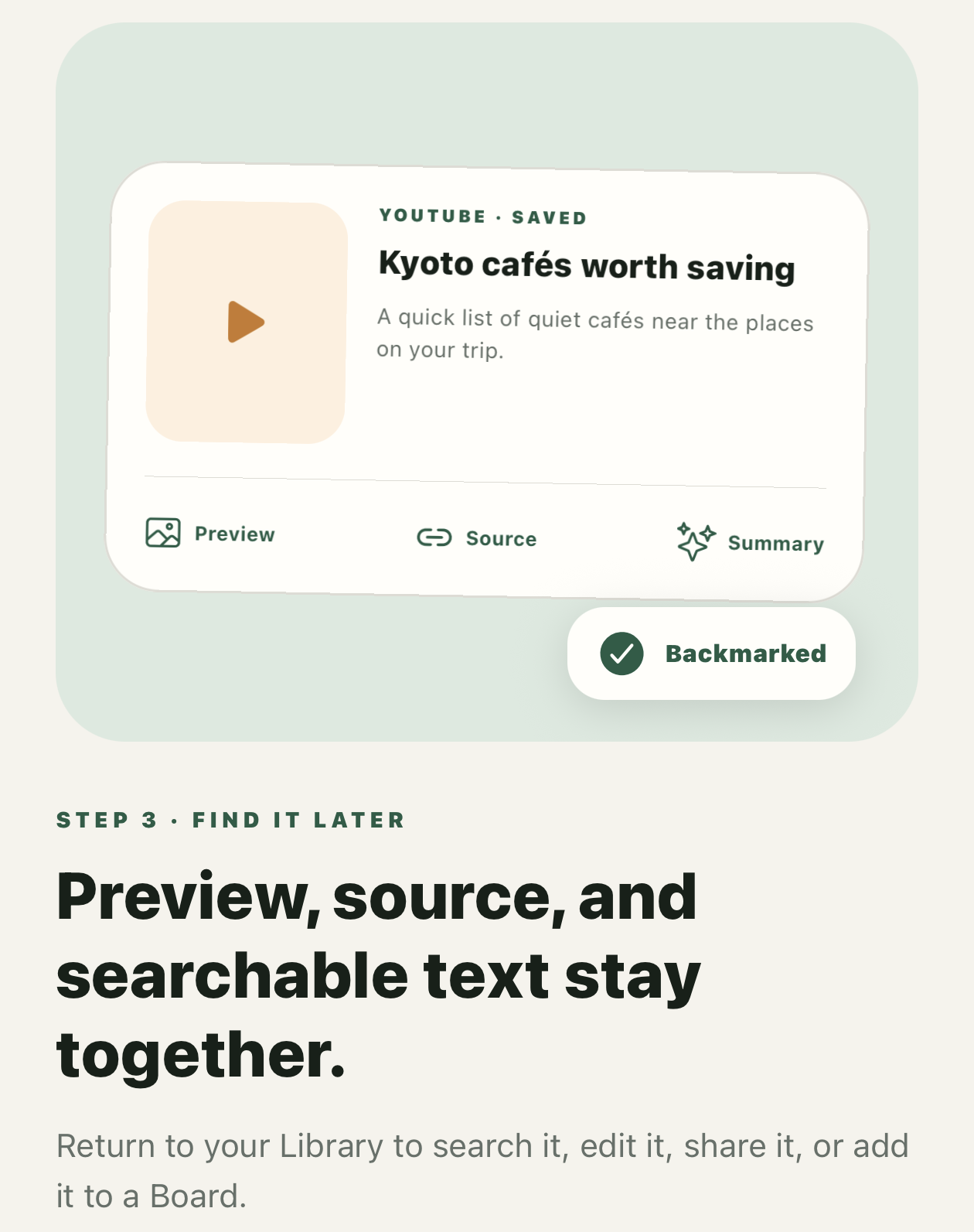 A saved Backmark Memory containing its preview, source, summary, and searchable text.