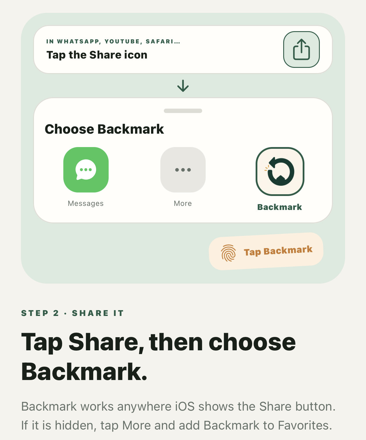 Tap the iOS Share button and choose Backmark from the share sheet.