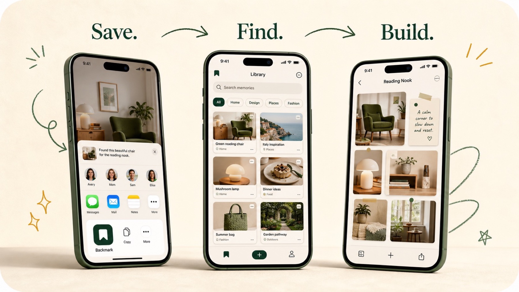 Three iPhones showing how Backmark saves content, finds it in a visual library, and builds a Board.