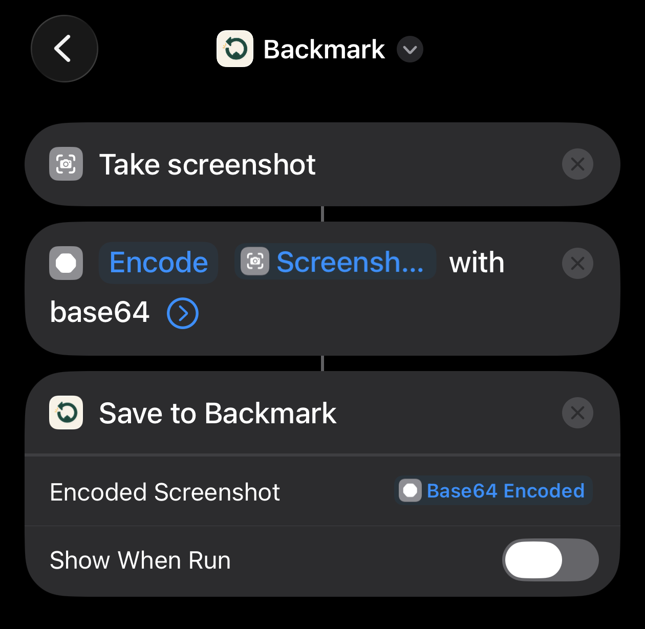 Example Backmark shortcut with Take Screenshot, Base64 Encode, and Save to Backmark actions.